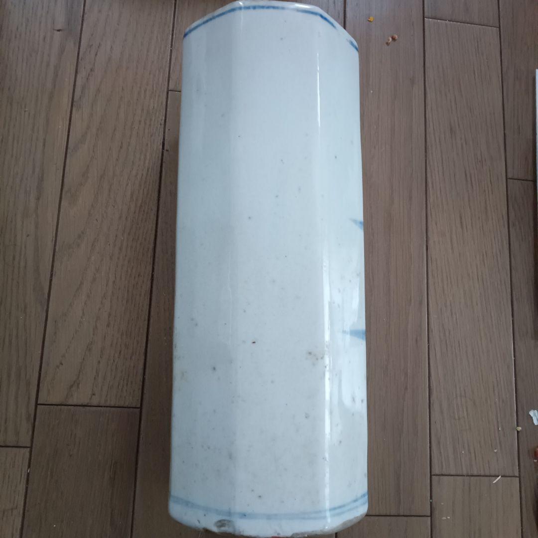 青と白の風景画 陶器花瓶 八角形