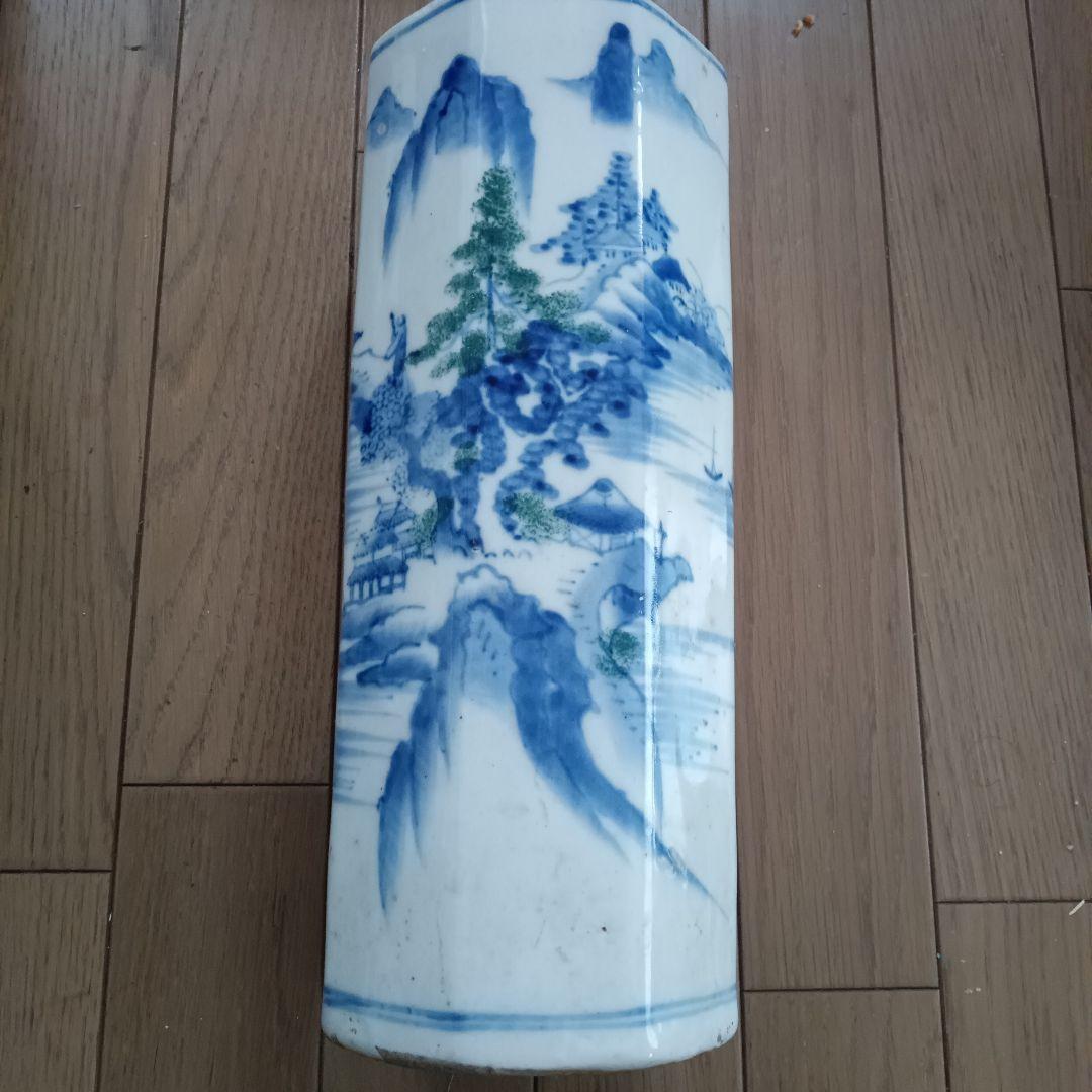 青と白の風景画 陶器花瓶 八角形