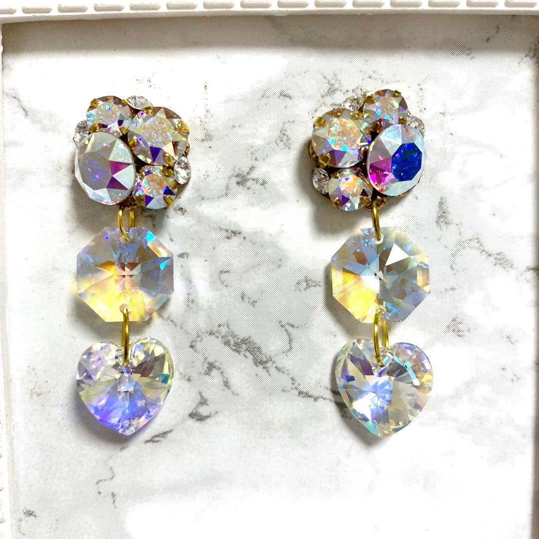 歌哉様オーダー　スワロフスキー　オーロラ　ハート　ビジュー　ピアス　クリスタル