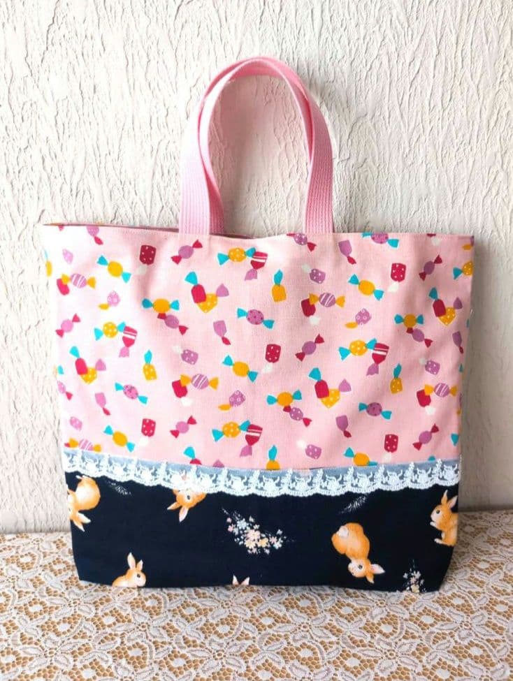 キャンディ＆うさぎネイビー　入学入園8点セット、レッスンバック☆上履き袋女の子、