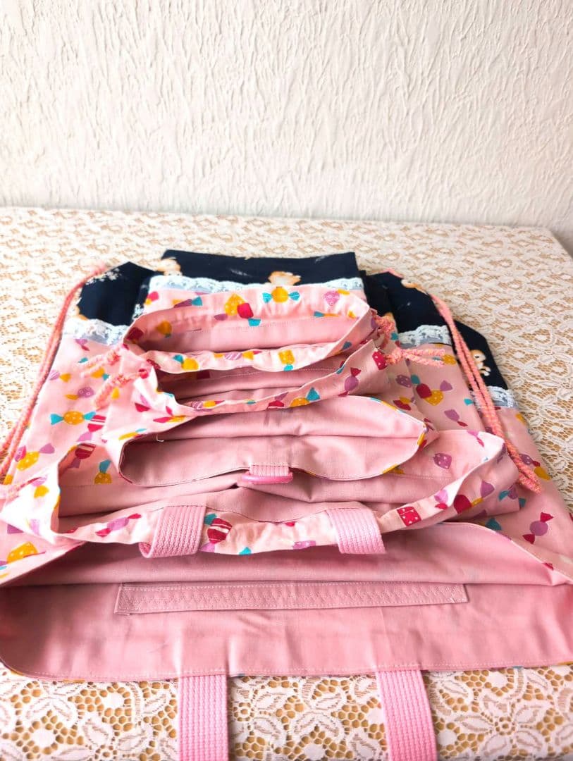 キャンディ＆うさぎネイビー　入学入園8点セット、レッスンバック☆上履き袋女の子、