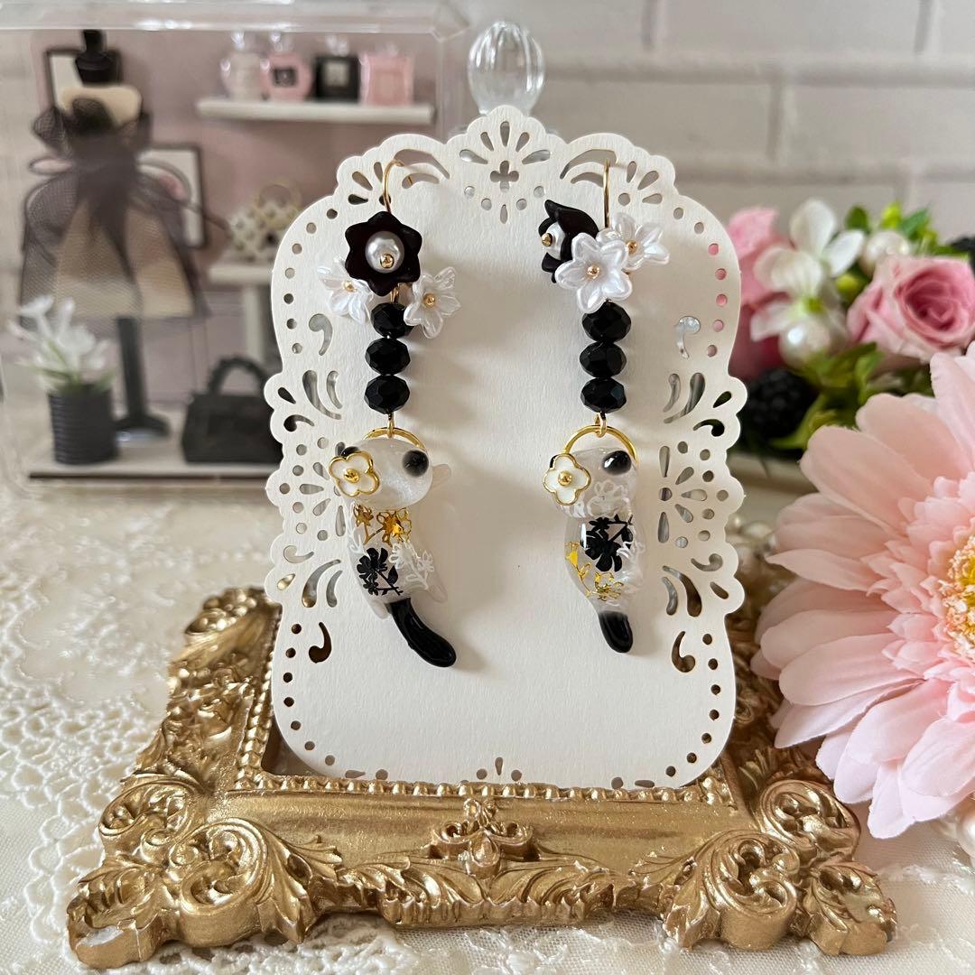 ☆❤️ 花　レジン　猫　ねこ　パール　ピアス　イヤリング　チャーム　ハンドメイド