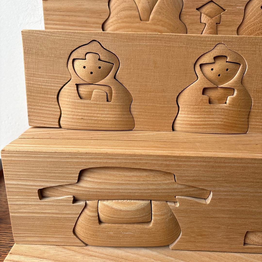 木製 ひな人形 ひな祭り 三人官女 籠 牛車 3段飾り コンパクト 組木 積み木