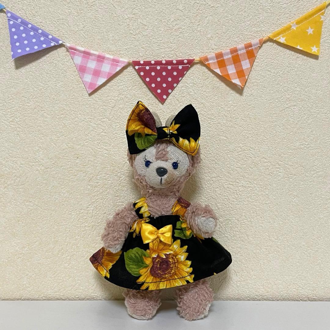 ハンドメイド★ブラック。ひまわり柄ワンピース★ぬいば♡ストラップ用コスチューム