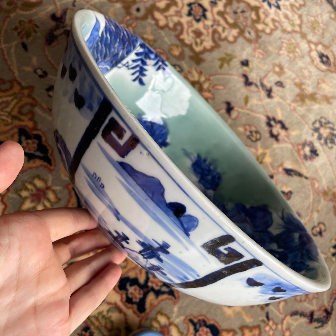 幕末明治　染付　青磁　蝶々　牡丹　深鉢　大皿