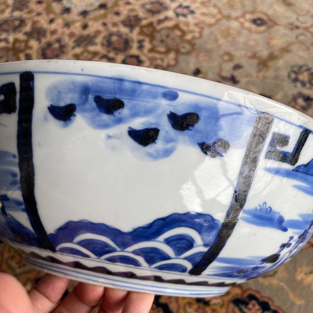 幕末明治　染付　青磁　蝶々　牡丹　深鉢　大皿