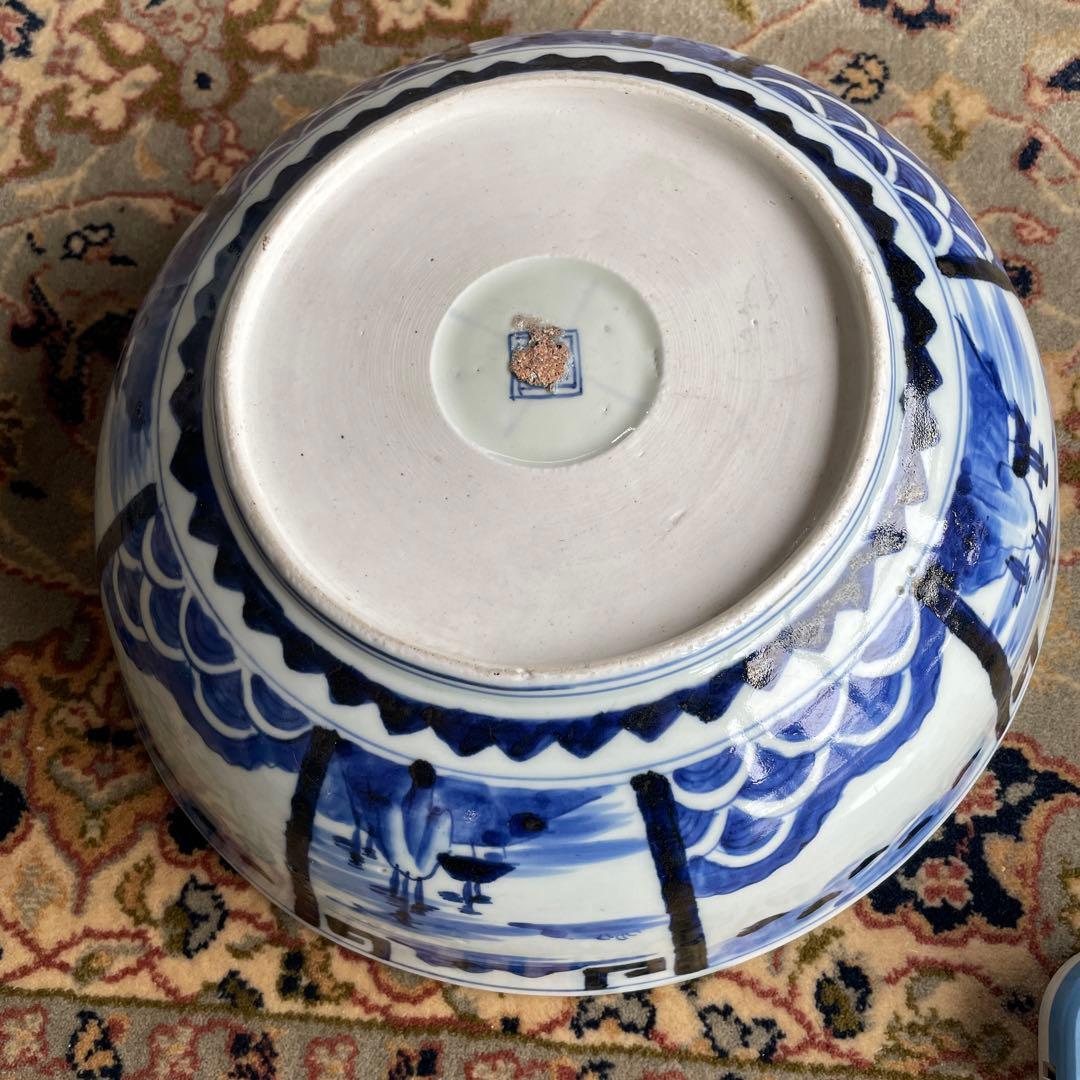 幕末明治　染付　青磁　蝶々　牡丹　深鉢　大皿