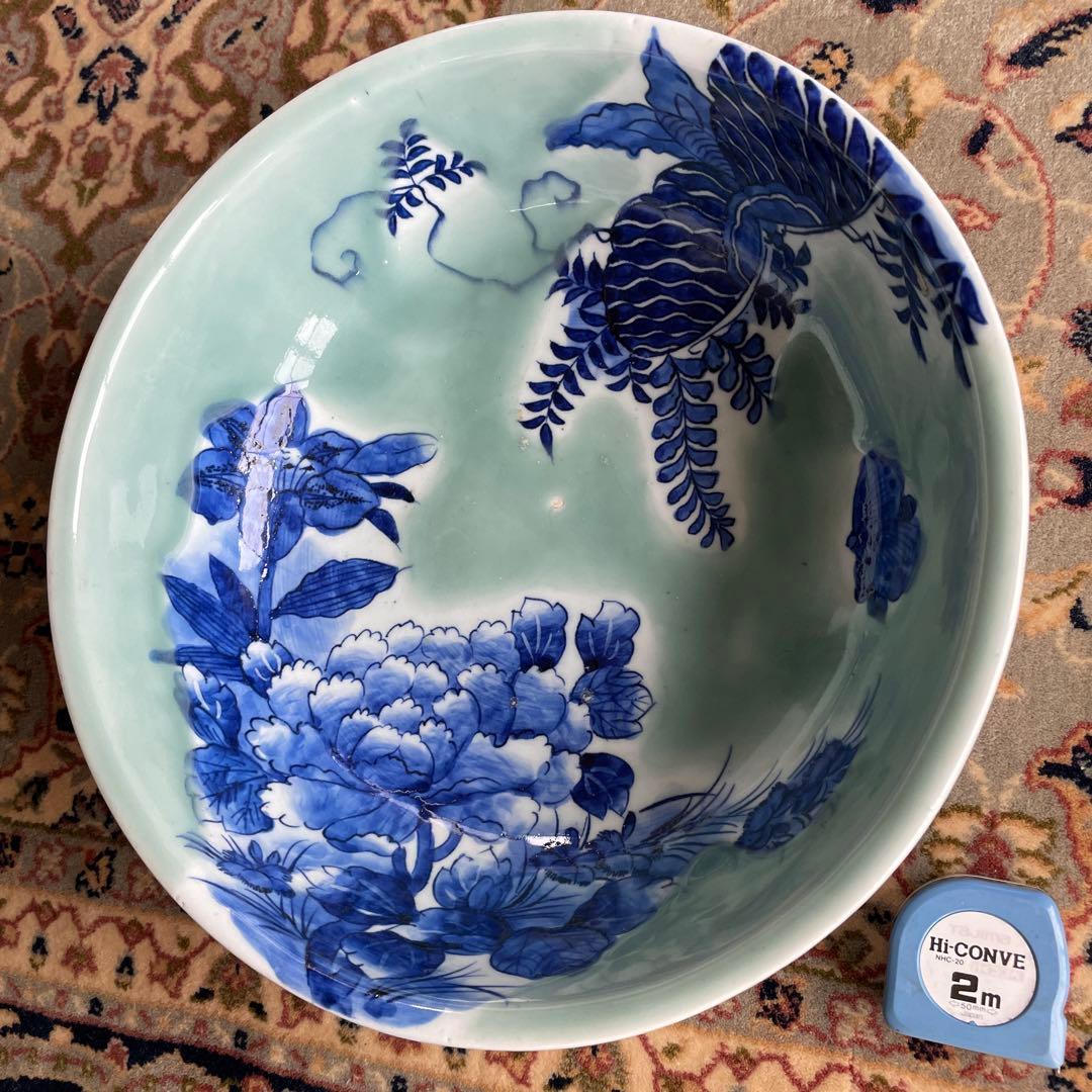 幕末明治　染付　青磁　蝶々　牡丹　深鉢　大皿