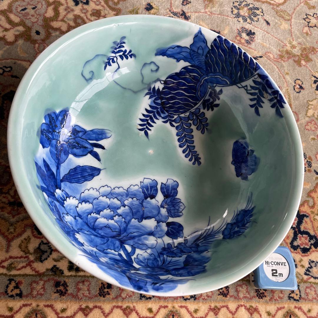 幕末明治　染付　青磁　蝶々　牡丹　深鉢　大皿