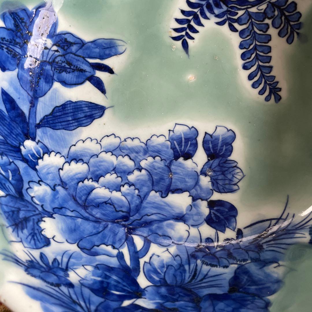 幕末明治　染付　青磁　蝶々　牡丹　深鉢　大皿