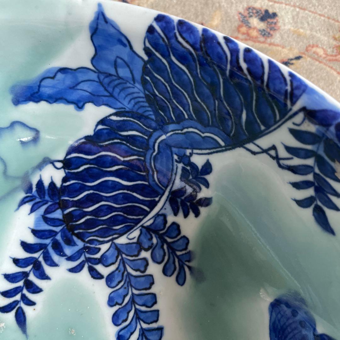 幕末明治　染付　青磁　蝶々　牡丹　深鉢　大皿