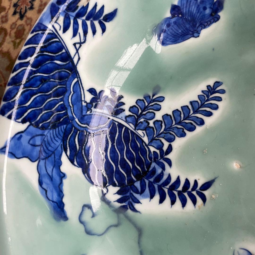 幕末明治　染付　青磁　蝶々　牡丹　深鉢　大皿