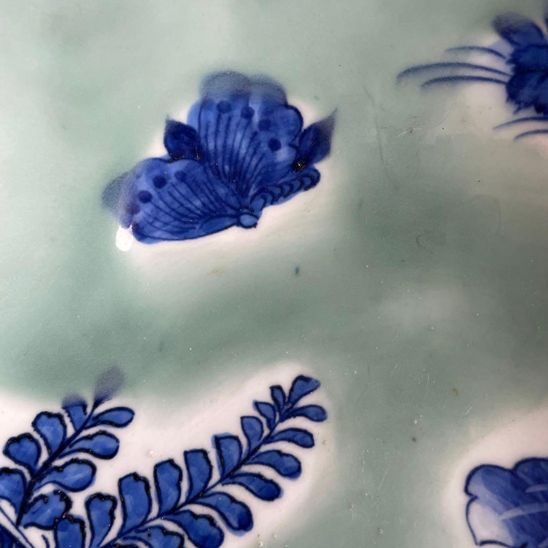 幕末明治　染付　青磁　蝶々　牡丹　深鉢　大皿