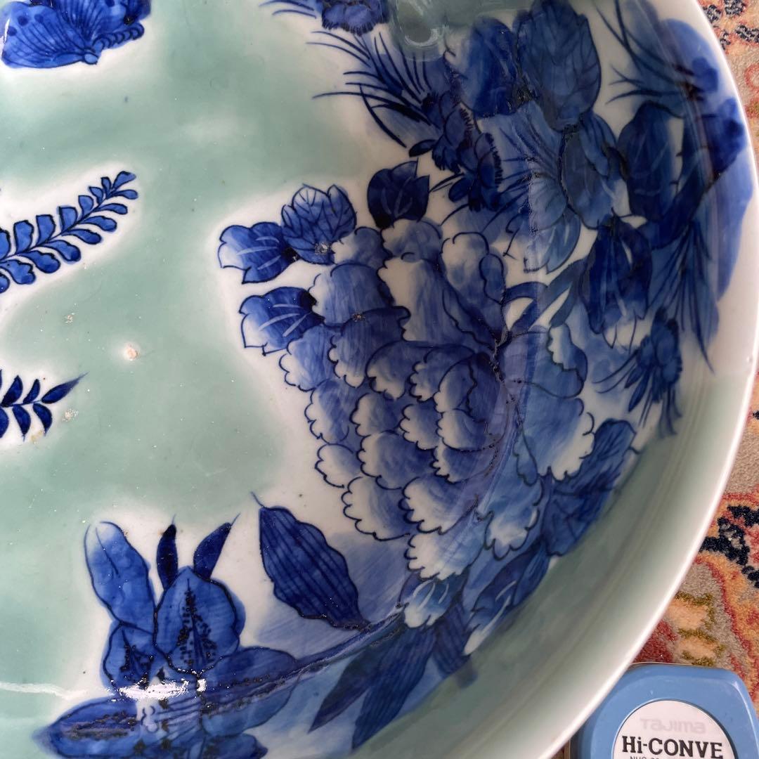 幕末明治　染付　青磁　蝶々　牡丹　深鉢　大皿