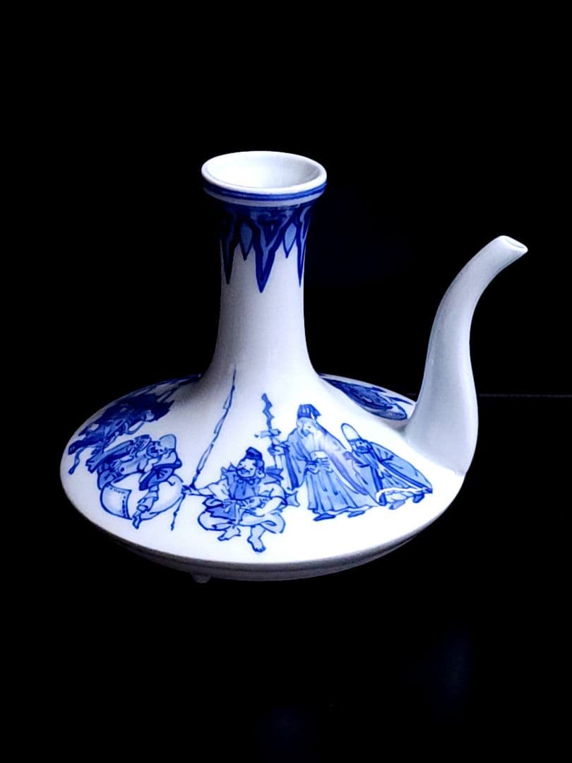 宮内庁御用達 十四代 辻常陸 作 染付七福神文 直燗揃 酒次/三ツ組盃 共箱/栞