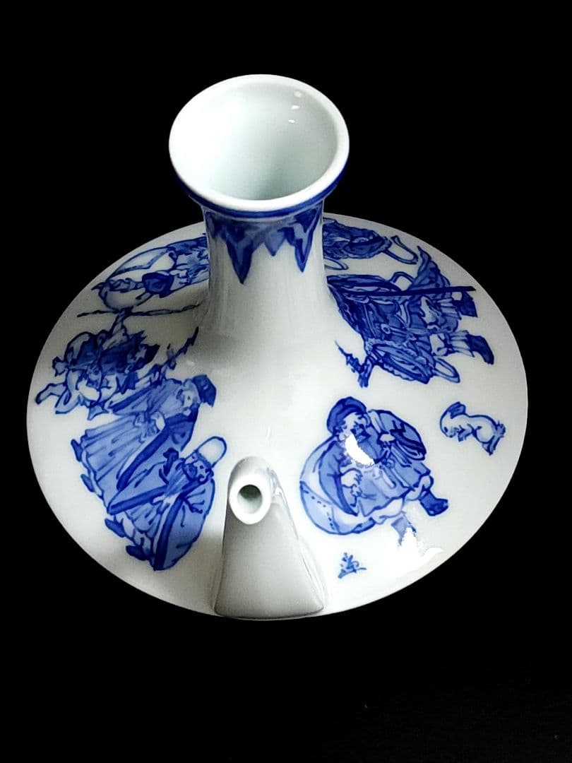 宮内庁御用達 十四代 辻常陸 作 染付七福神文 直燗揃 酒次/三ツ組盃 共箱/栞