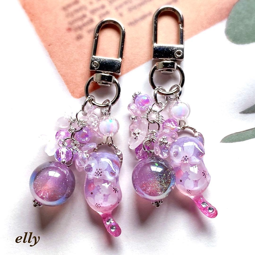 【やの様】1744.天然石　ミモザ　ジャンピング猫　とびつき猫　レジン　チャーム