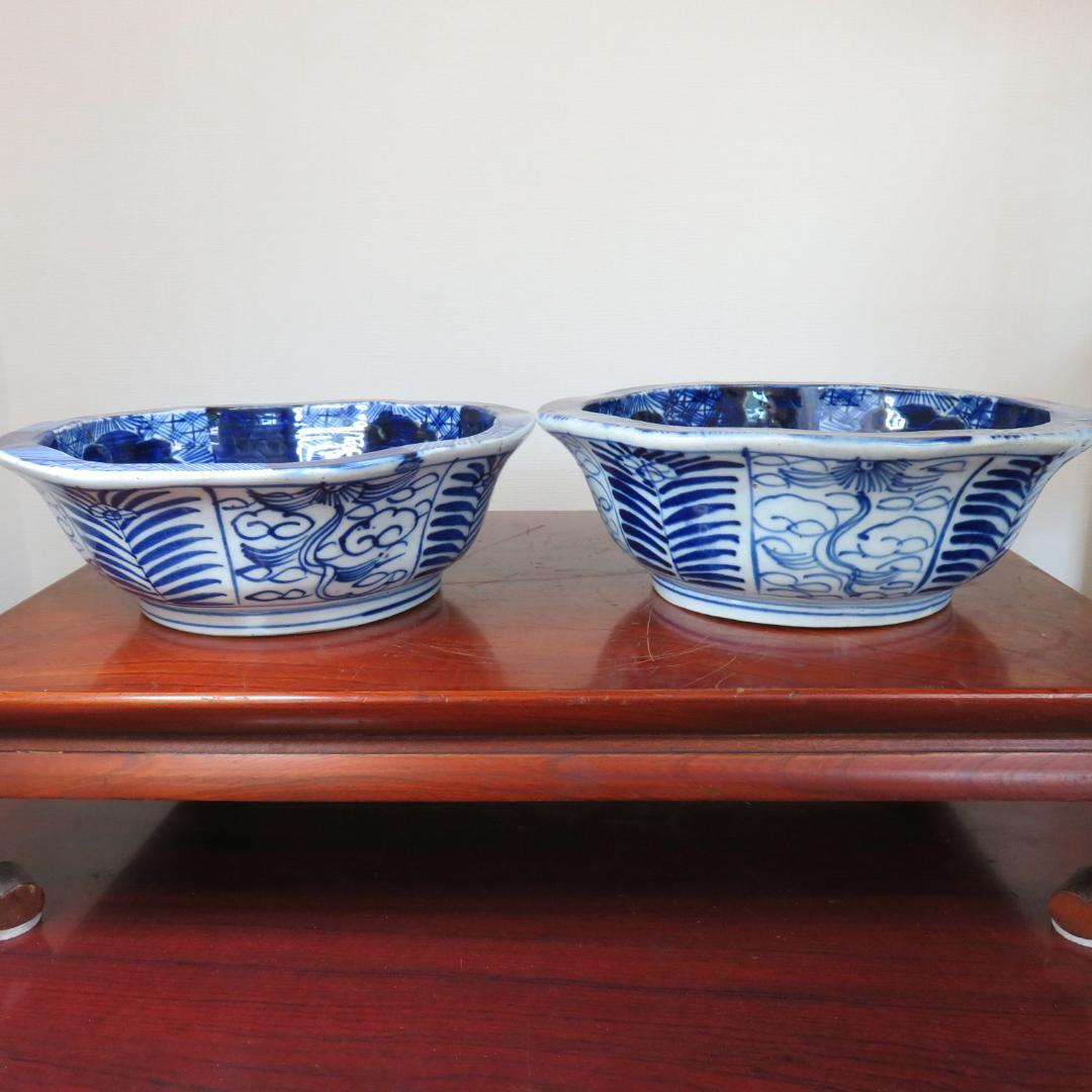 中鉢 丼 染付 明治 ベロ藍 八花弁 八角鉢 窯傷 若松 月夜