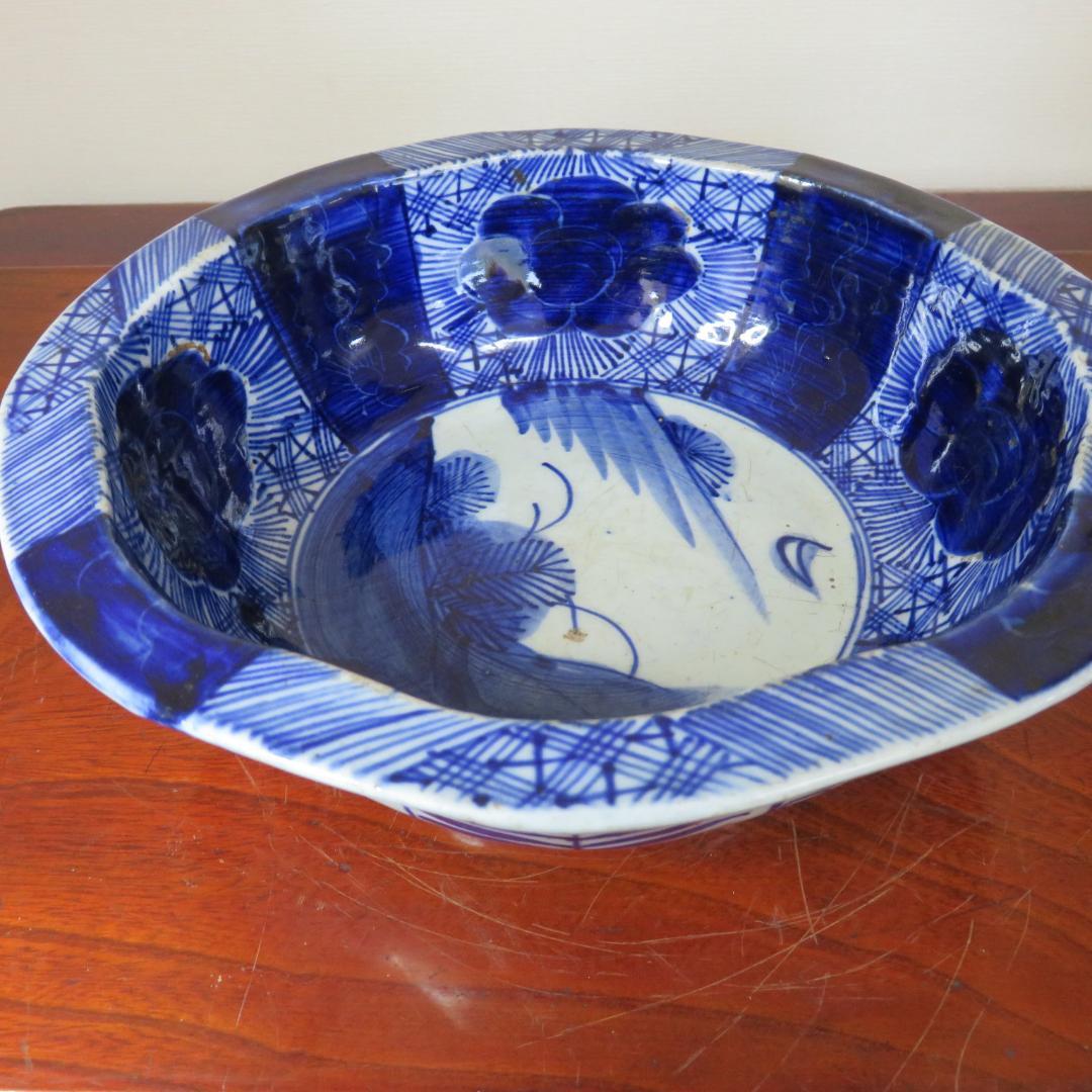 中鉢 丼 染付 明治 ベロ藍 八花弁 八角鉢 窯傷 若松 月夜