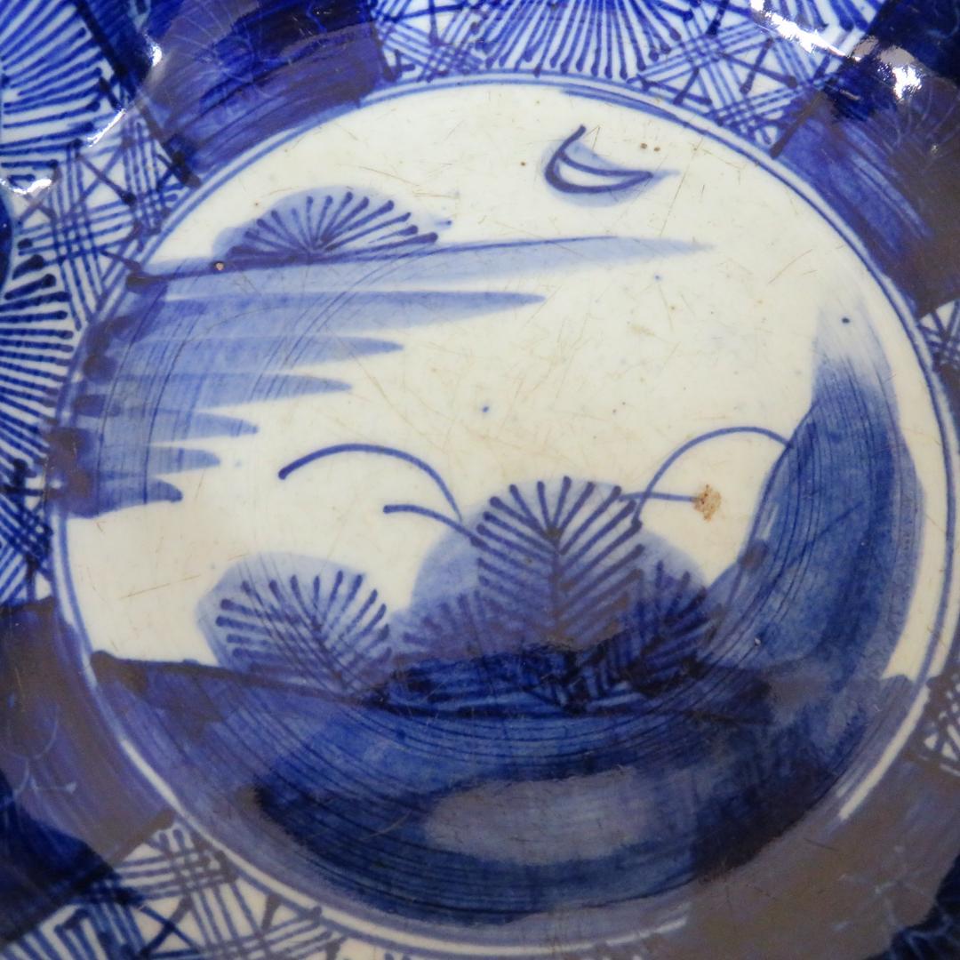 中鉢 丼 染付 明治 ベロ藍 八花弁 八角鉢 窯傷 若松 月夜