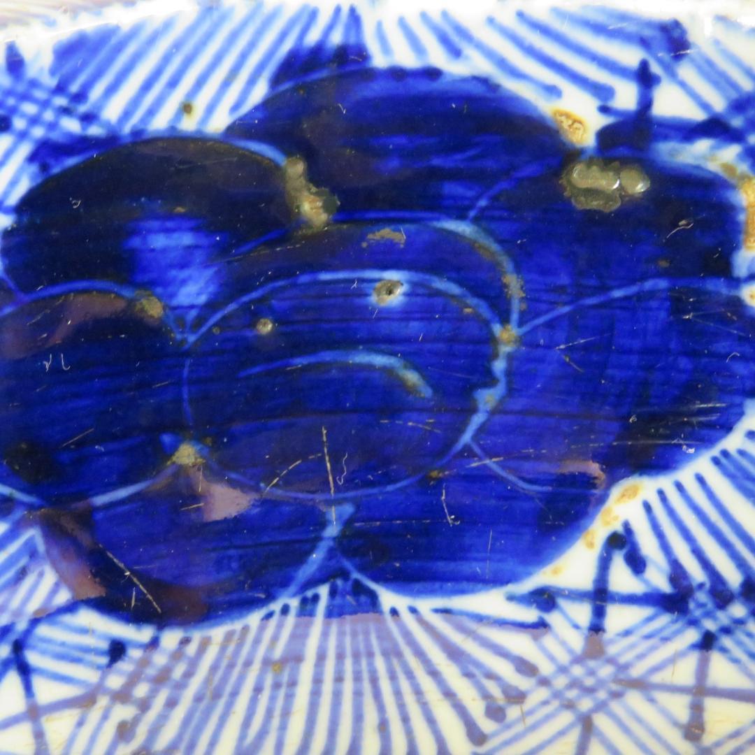 中鉢 丼 染付 明治 ベロ藍 八花弁 八角鉢 窯傷 若松 月夜