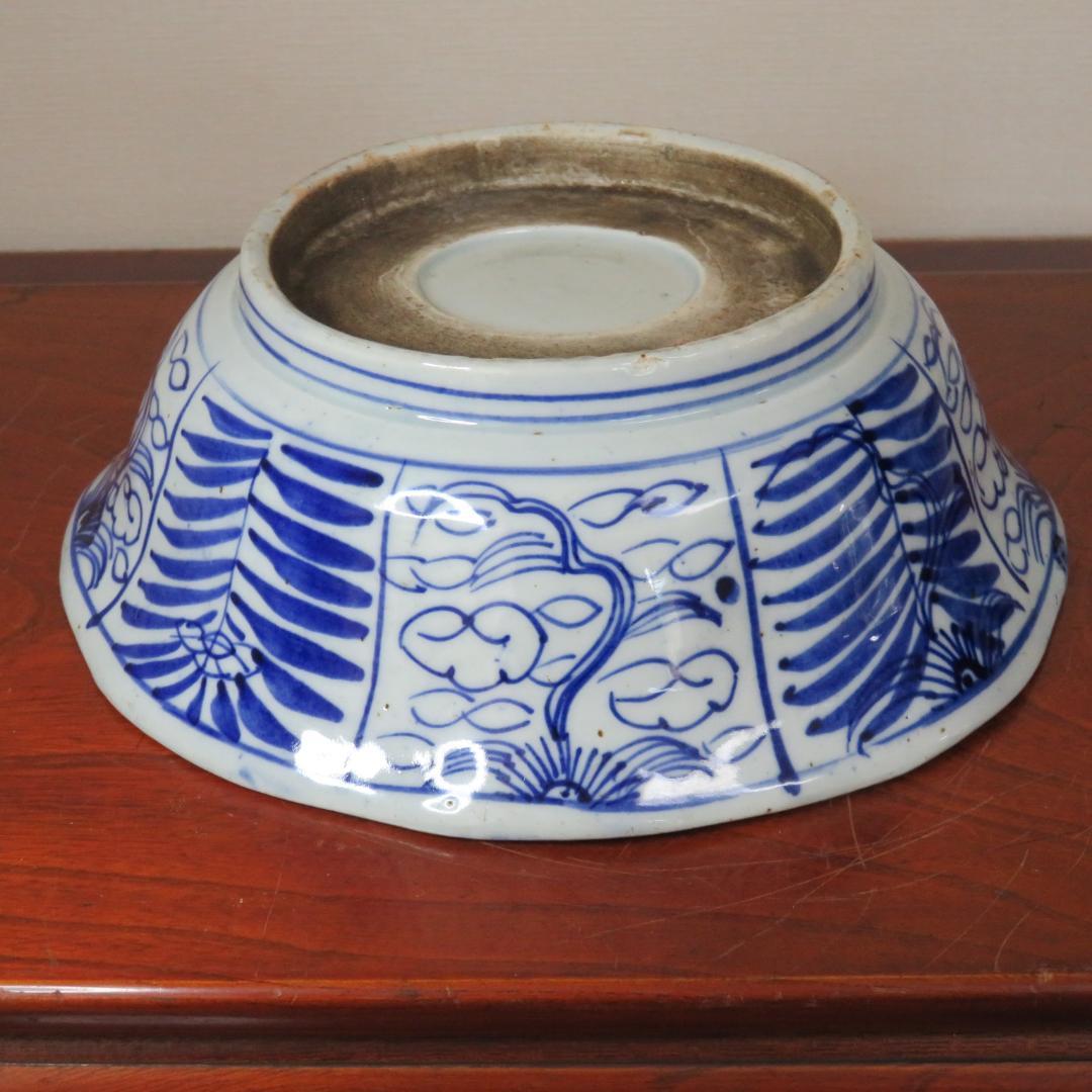 中鉢 丼 染付 明治 ベロ藍 八花弁 八角鉢 窯傷 若松 月夜