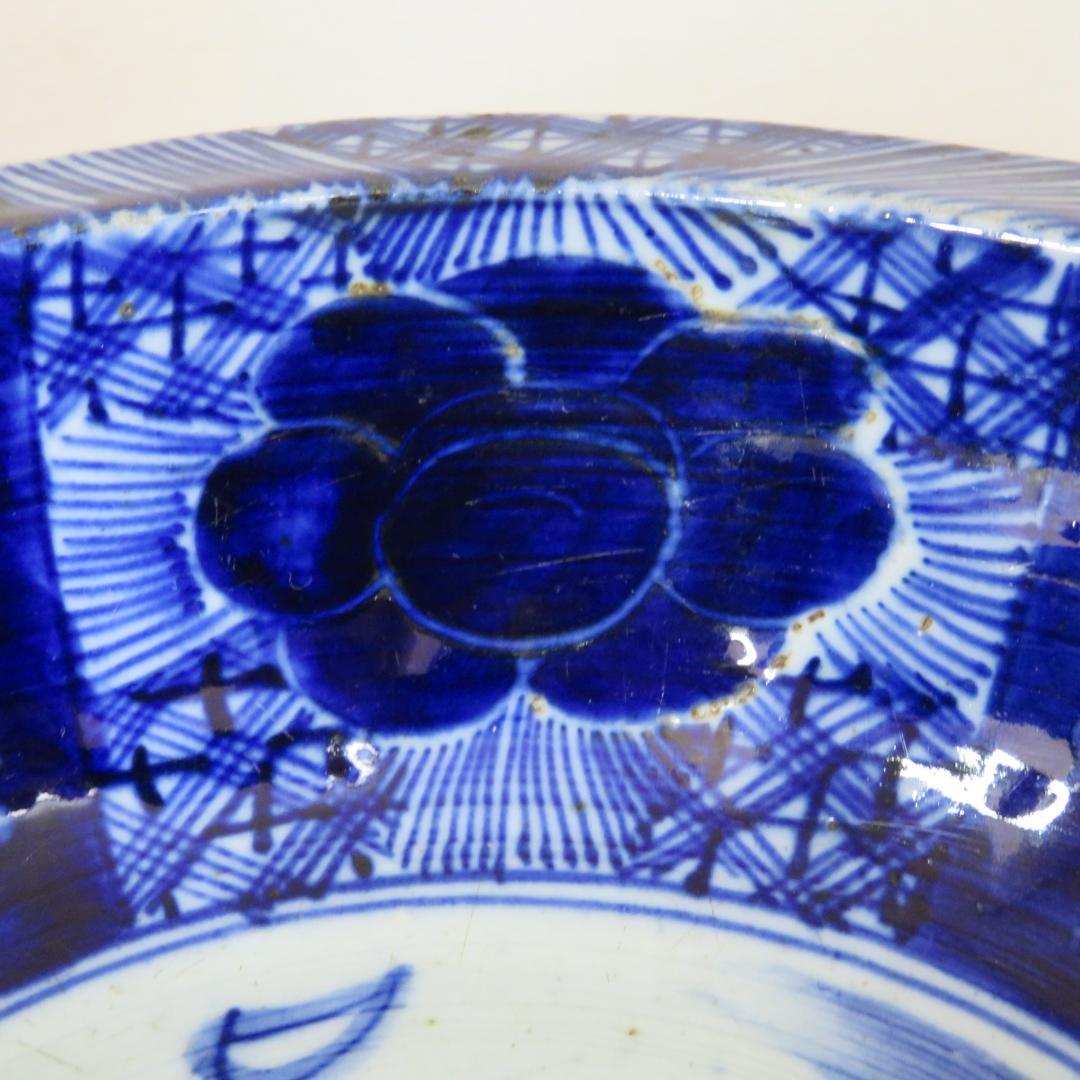 中鉢 丼 染付 明治 ベロ藍 八花弁 八角鉢 窯傷 若松 月夜