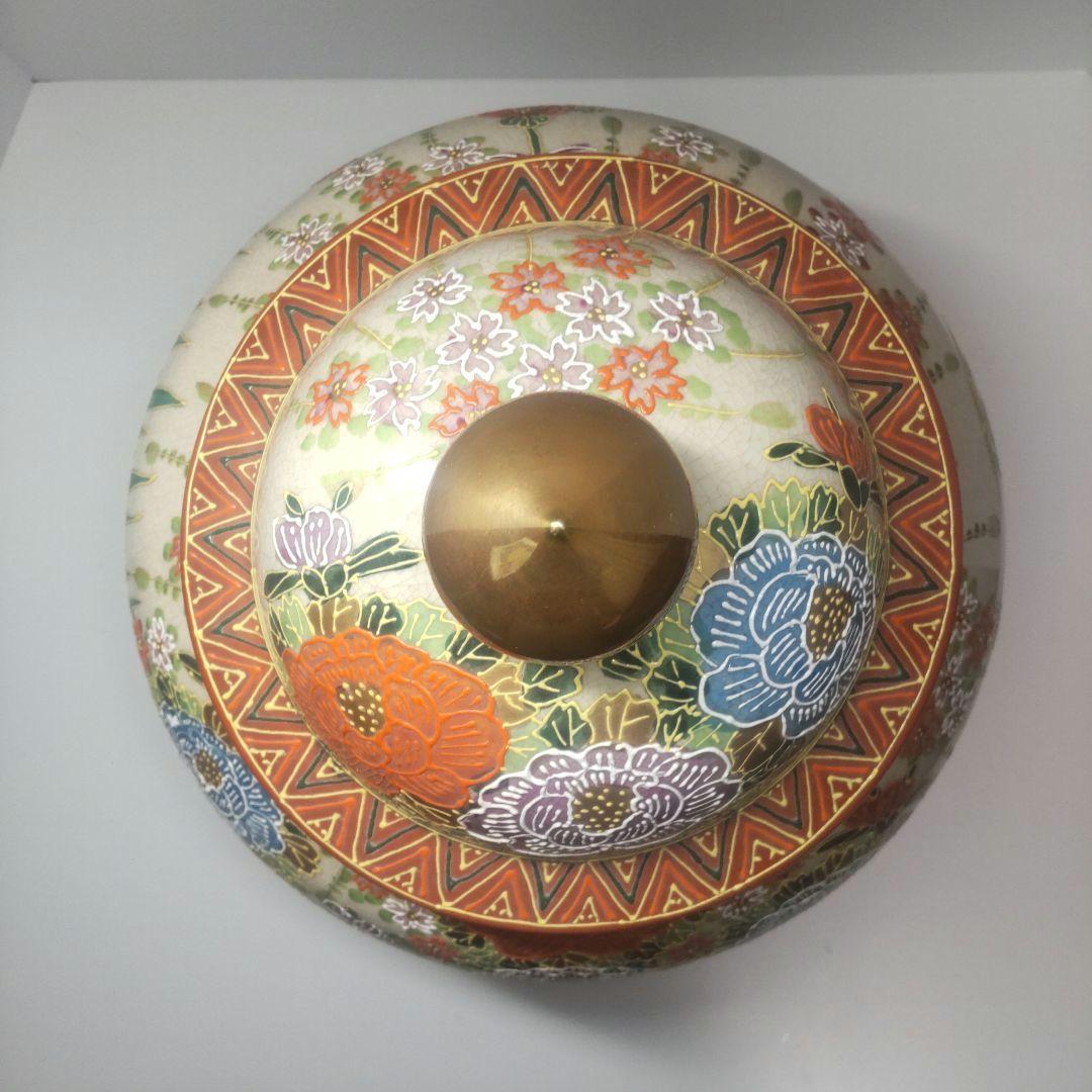 骨董 大型 薩摩焼 白薩摩 丸十字家紋 色絵金彩花 沈香壺 花瓶 年代物