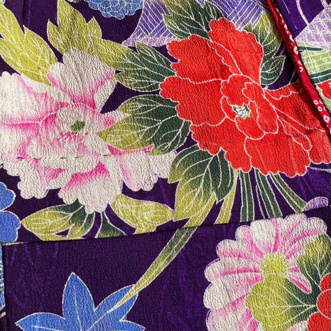 市松人形 13〜15号(47〜52cm)サイズの着物　比翼仕立て　紫　牡丹菊10