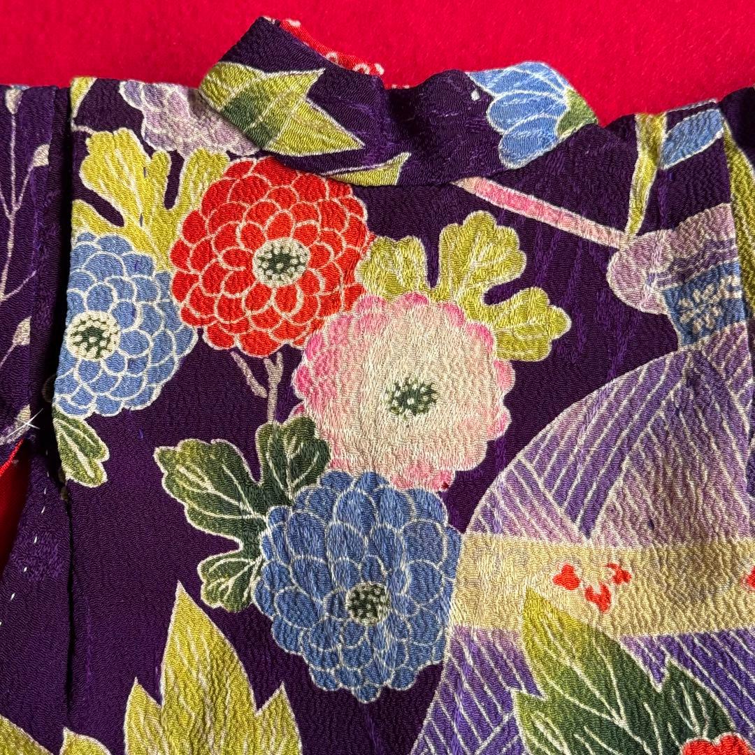市松人形 13〜15号(47〜52cm)サイズの着物　比翼仕立て　紫　牡丹菊10
