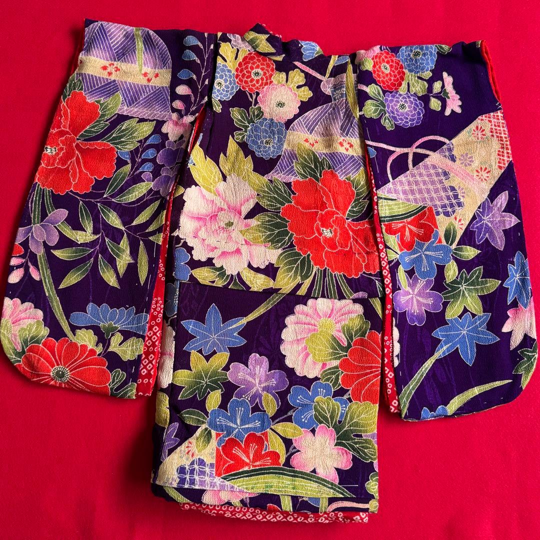 市松人形 13〜15号(47〜52cm)サイズの着物　比翼仕立て　紫　牡丹菊10
