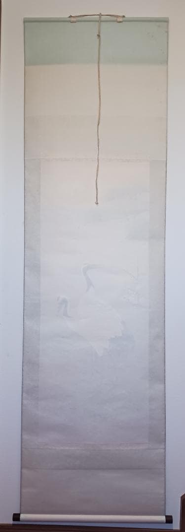 丹頂鶴 松 旭日図 掛軸 吉祥 長寿祝 縁起物 日本画 絹本 肉筆 大幅 美品