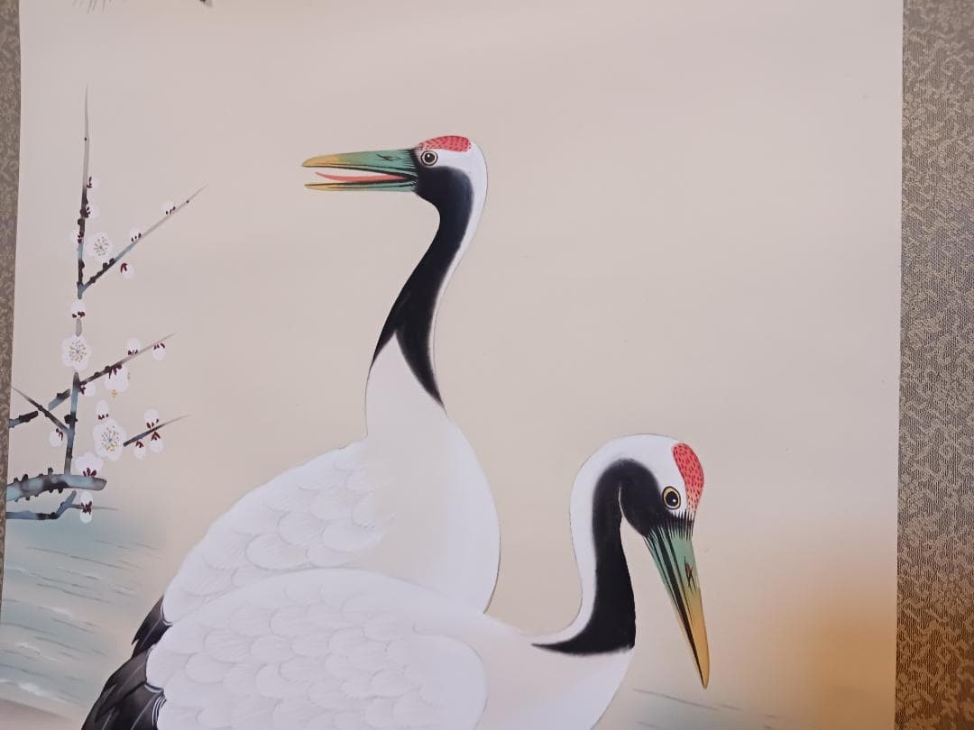 丹頂鶴 松 旭日図 掛軸 吉祥 長寿祝 縁起物 日本画 絹本 肉筆 大幅 美品