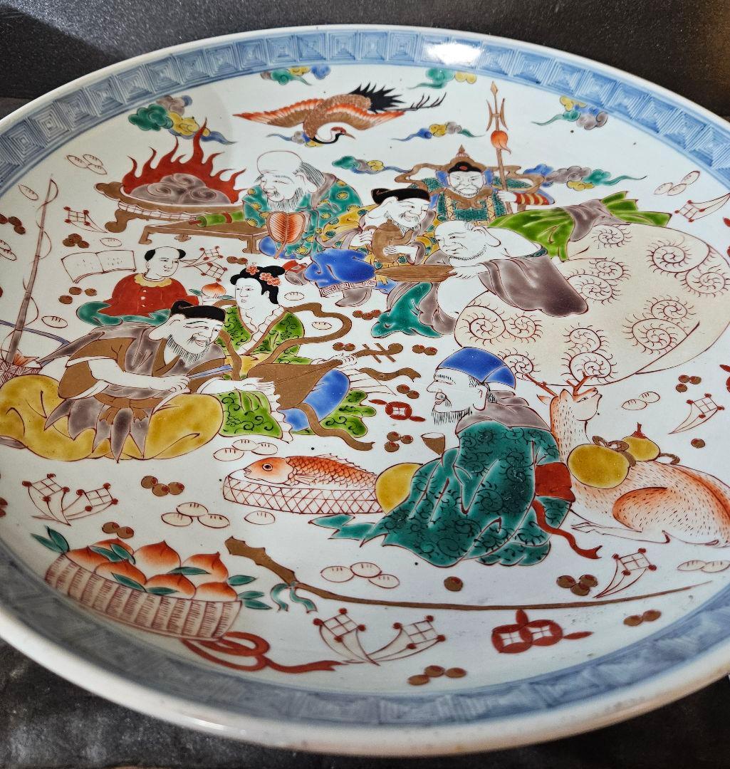 【珍品図変わり❗️】明治時代　古伊万里　錦手　金彩色絵　七福神図　唐草文様　大皿