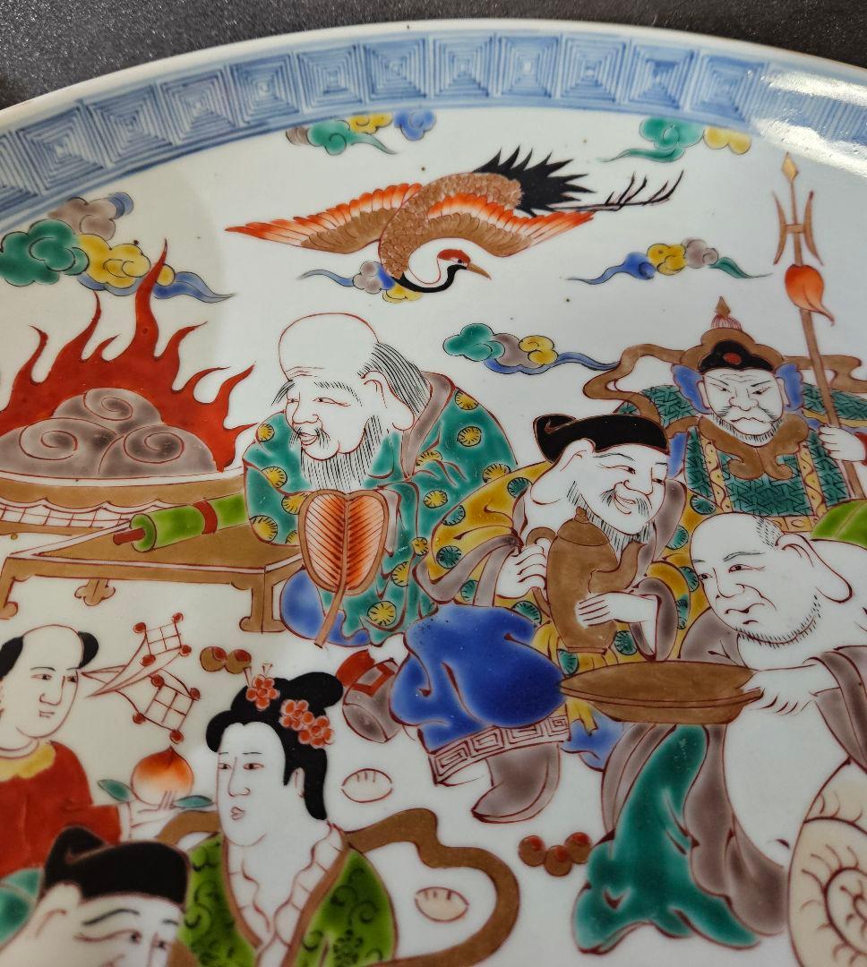 【珍品図変わり❗️】明治時代　古伊万里　錦手　金彩色絵　七福神図　唐草文様　大皿