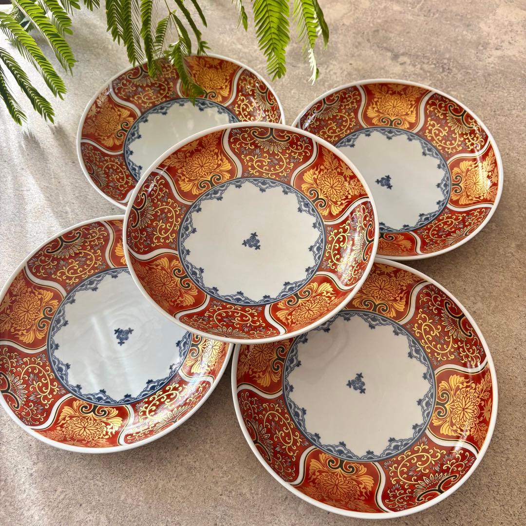 献上古伊万里　大皿　５枚セット　多用皿　約20cm 赤　レッド　金彩　波佐見焼