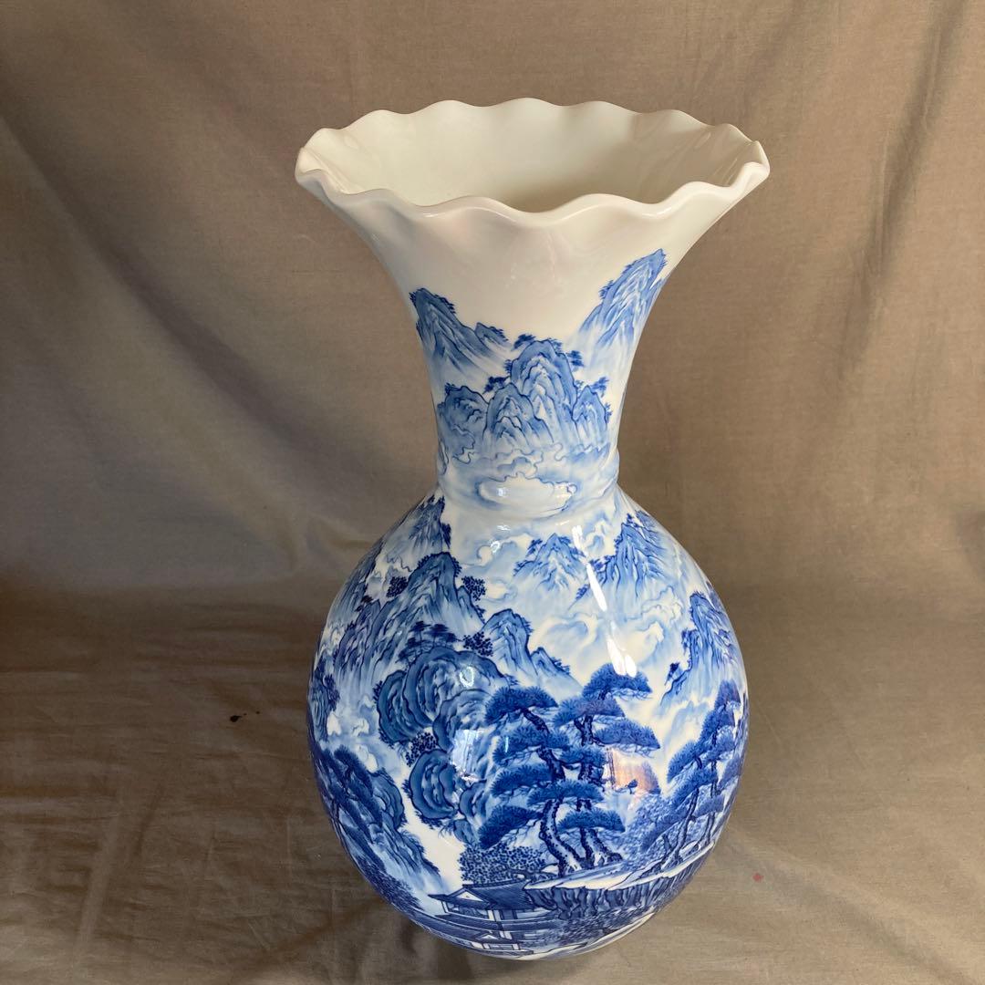 【彌左衛門】古伊万里の伝統　日本の名窯　松本彌左衛門作　染付廻り山水絵　大花瓶