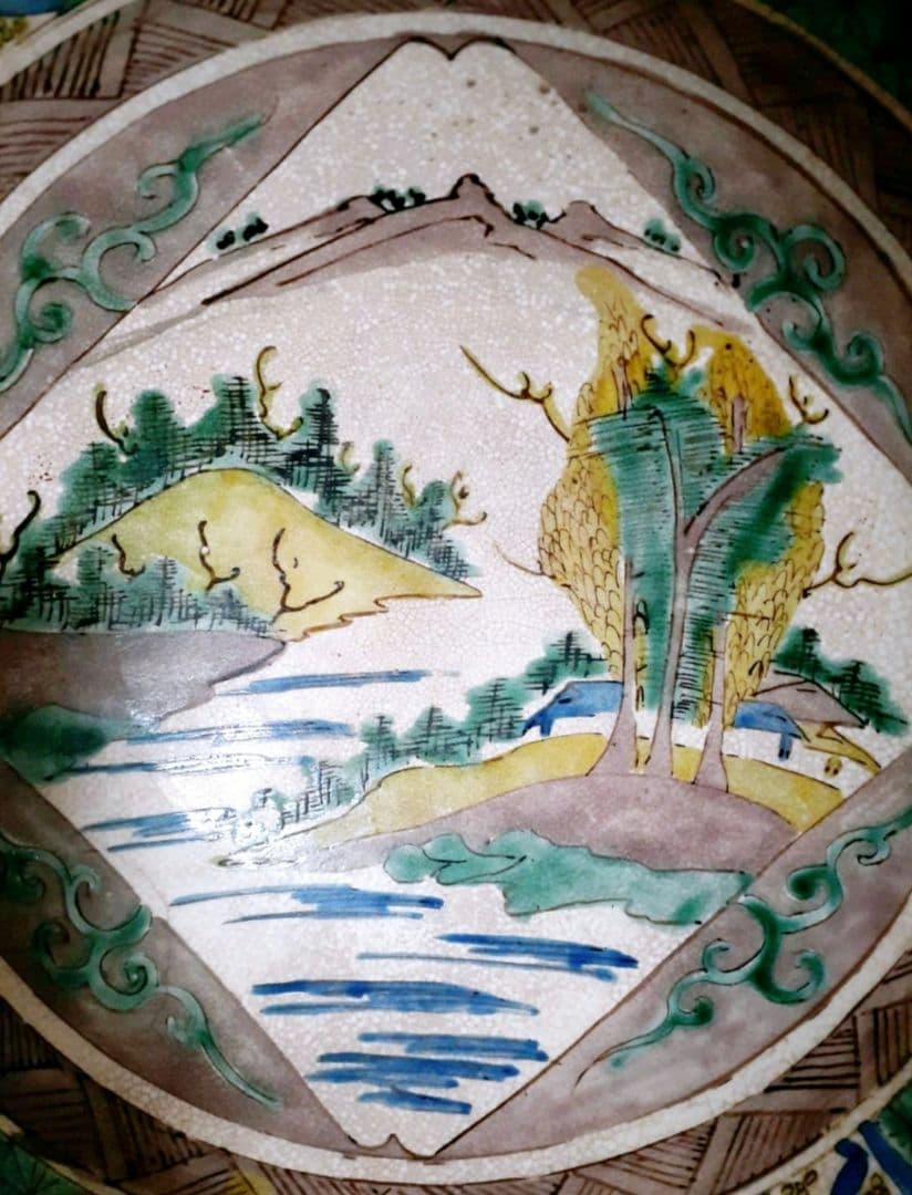 江戸時代末期～明治時代初期　古九谷　青手九谷　富士に逆富士図　24.2cm大鉢