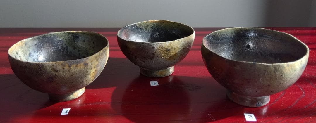 越前焼名工　桝田屋光生　 自然灰釉還元窯変の究極美が迸る向付け小鉢逸品3点セット