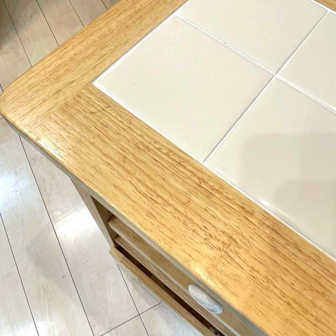 【美品】 タイル天板 木製キッチンワゴン キャスター付 北欧 収納棚 カントリー