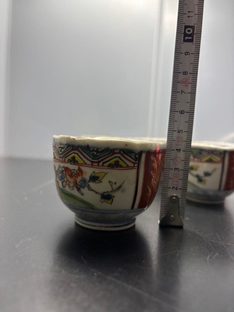 古伊万里 色絵花鳥文 江戸時代 輪花型 窓絵 吉祥文様 向付 蕎麦猪口 手描き