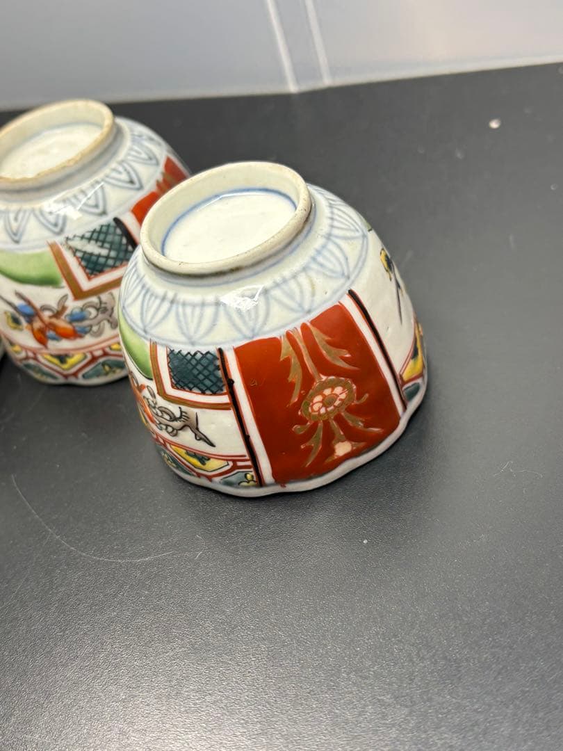 古伊万里 色絵花鳥文 江戸時代 輪花型 窓絵 吉祥文様 向付 蕎麦猪口 手描き