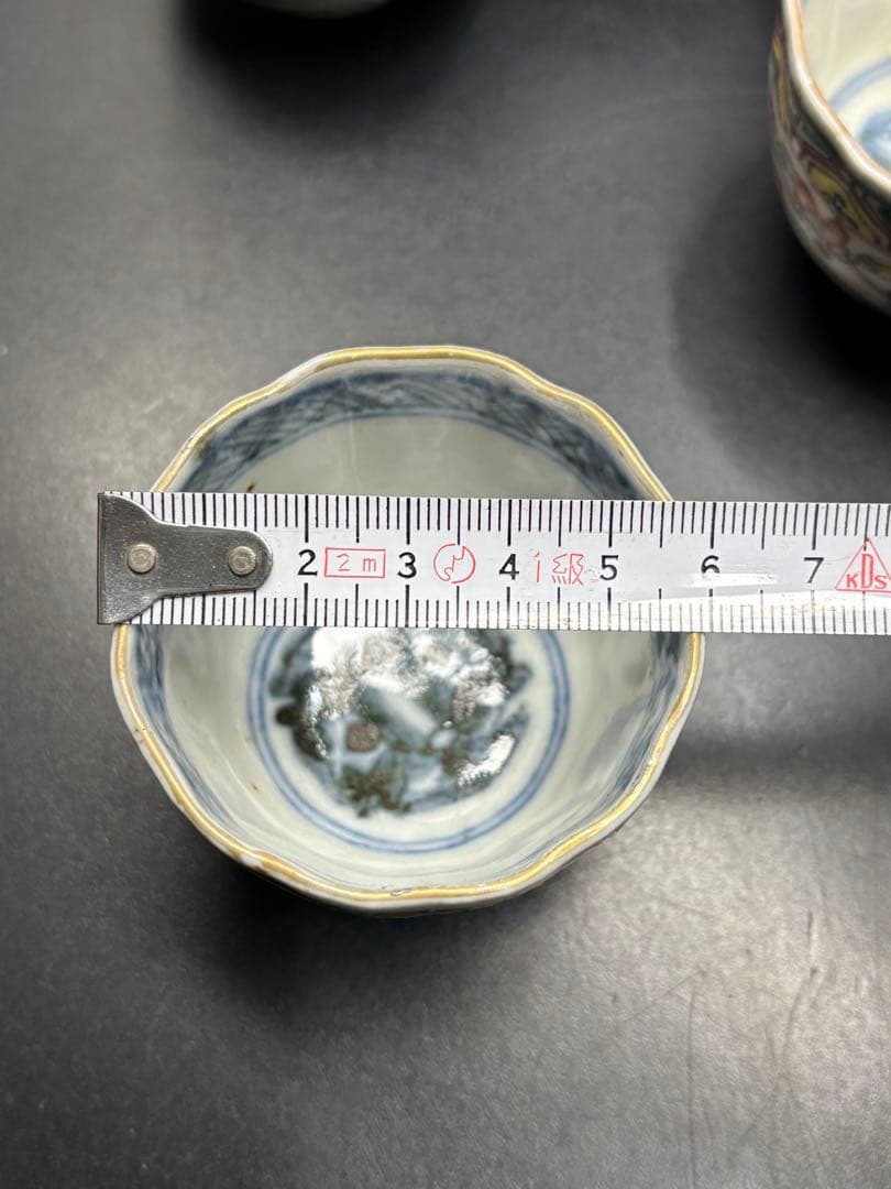 古伊万里 色絵花鳥文 江戸時代 輪花型 窓絵 吉祥文様 向付 蕎麦猪口 手描き