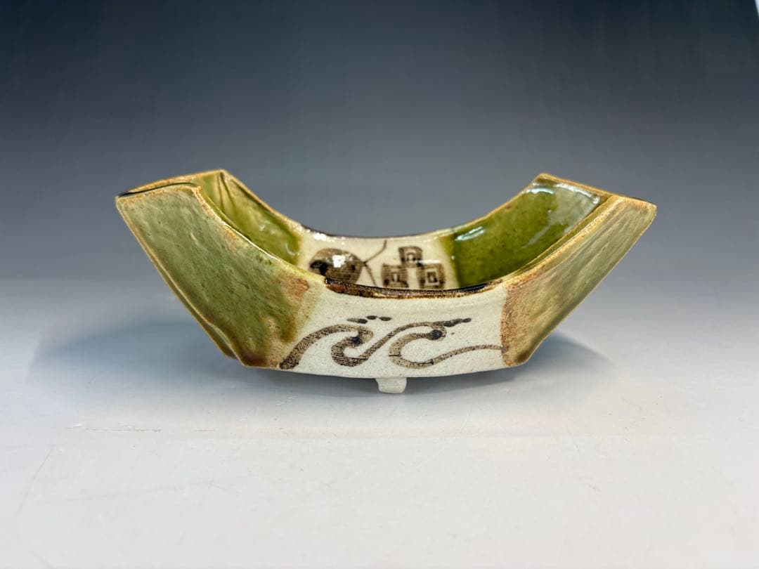 【中古品】茶道具　加藤光右衛門造　織部舟形向付　五客