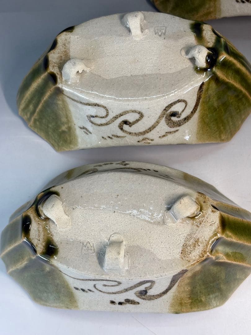 【中古品】茶道具　加藤光右衛門造　織部舟形向付　五客