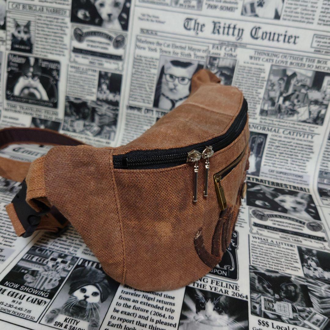 Vintageロゴ縫い付け☬酒袋リメイク☬ウエストバッグ,ボディバッグ/柿渋染め