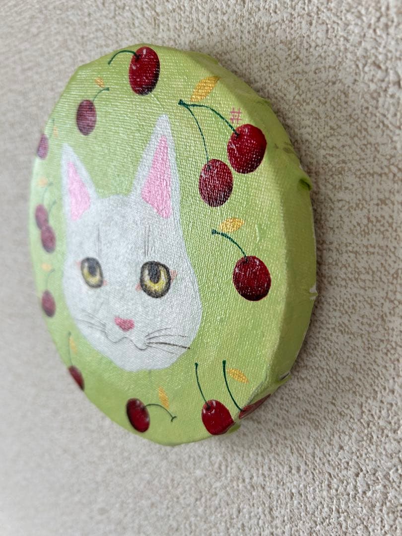 白猫とさくらんぼのキャンバスアート 15cm