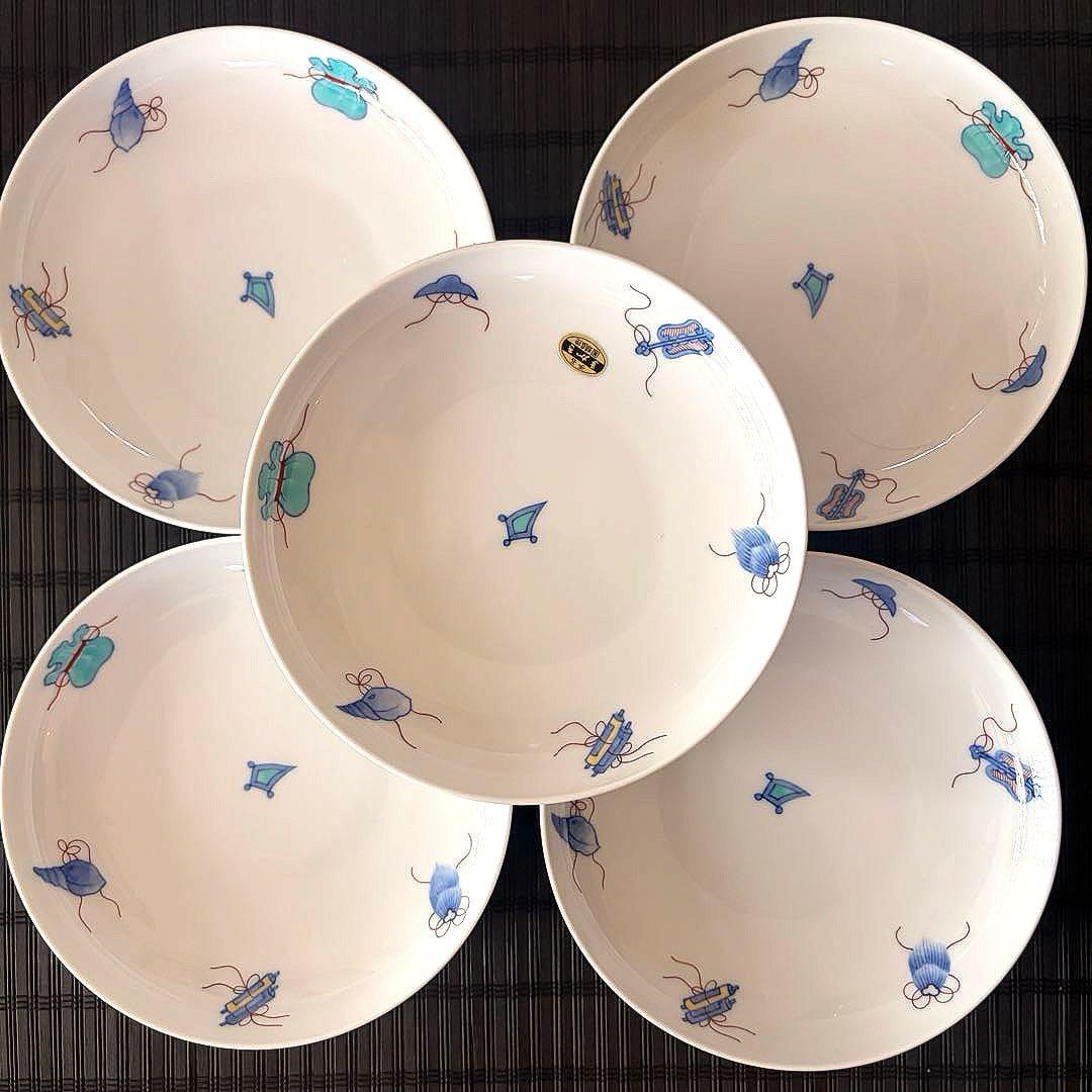 【未使用品】伊万里鍋島焼 畑萬陶苑 手描き 【宝尽くし文】盛皿 中皿 5枚