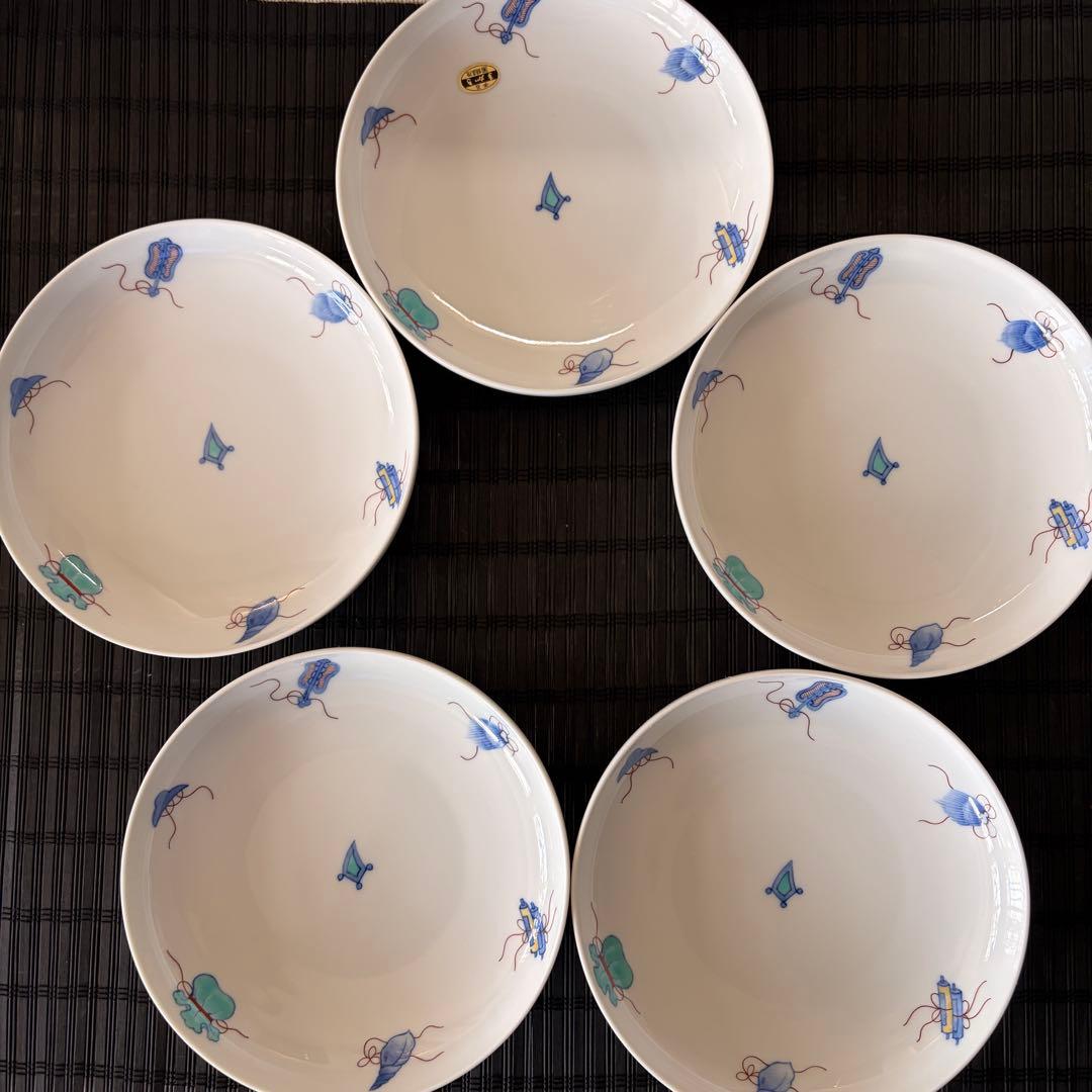【未使用品】伊万里鍋島焼 畑萬陶苑 手描き 【宝尽くし文】盛皿 中皿 5枚