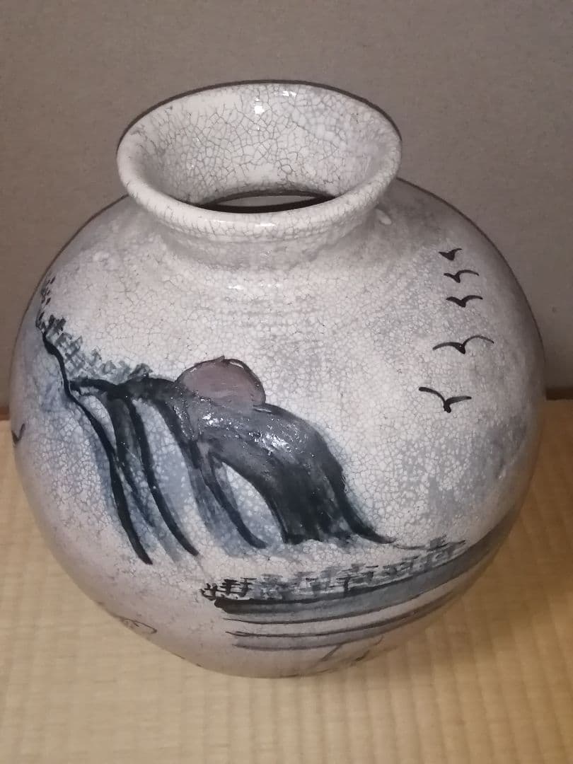 骨董 京焼 山水鳥獣図 染付け 壺